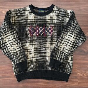Vintage Specialty Collection Golf Plaid Knit Sweater Mens Large Wool Blend Black